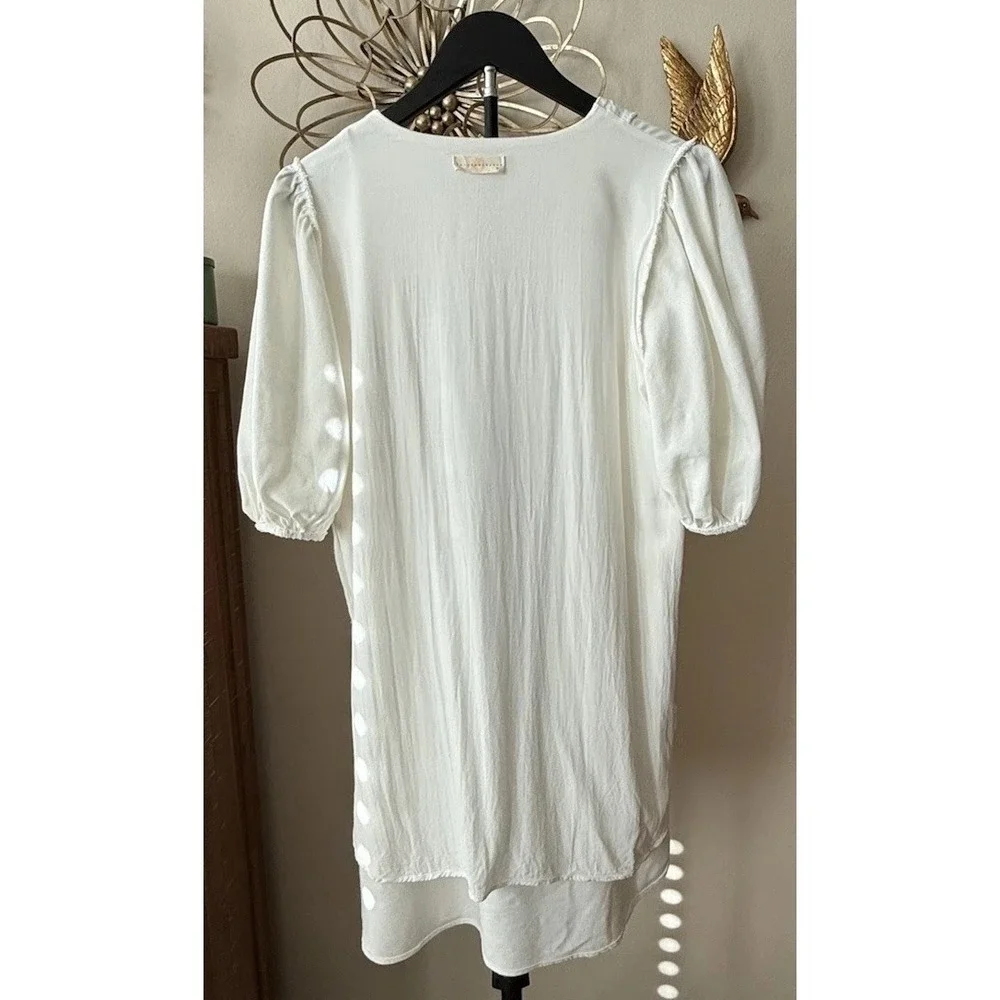 Chrysanthemum Linen Blend Mini‎ Dress Women M Ivory Puff Sleeve Lace Up Cottage